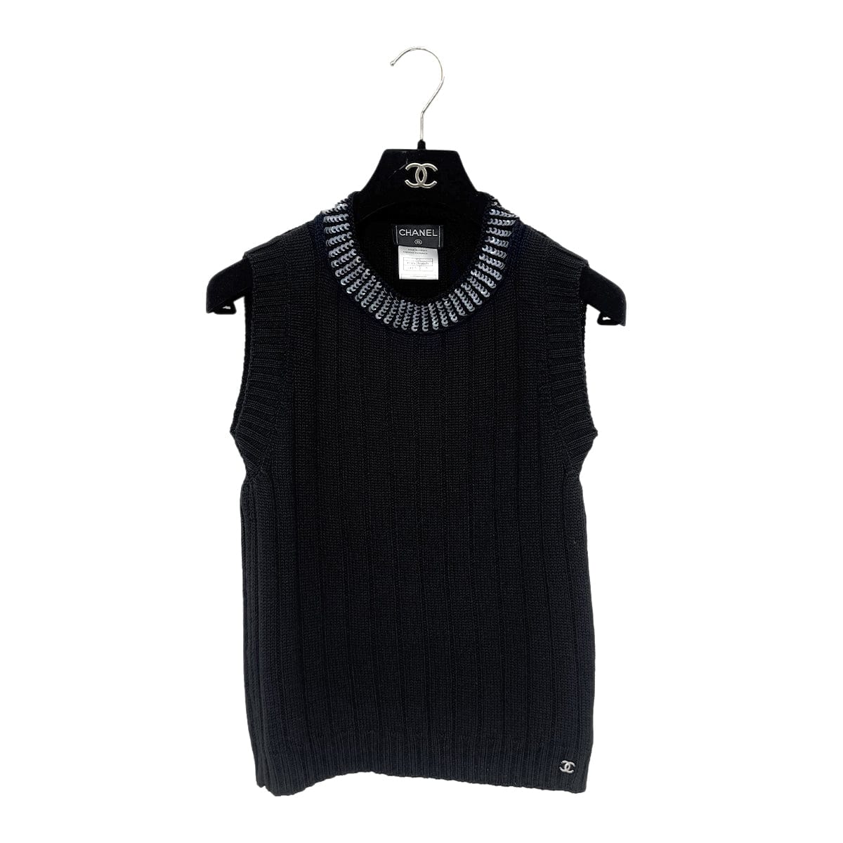 Luxury Promise Japan CHANEL VINTAGE COCOMARK TWIN KNIT SEQUINS CARDIGAN SLEEVELESS TOPS BLACK WOOL 38 99A RTW 90286925