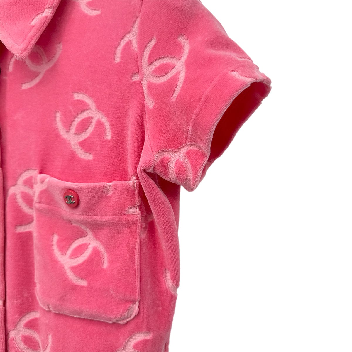 Luxury Promise Japan CHANEL VINTAGE COCOMARK VELOR SHORT SLEEVE TOPS COCO BUTTON PINK COTTON RTW 90295133