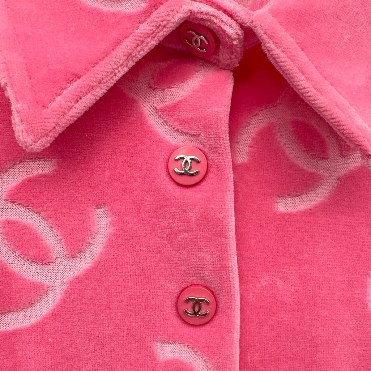 Luxury Promise Japan CHANEL VINTAGE COCOMARK VELOR SHORT SLEEVE TOPS COCO BUTTON PINK COTTON RTW 90295133