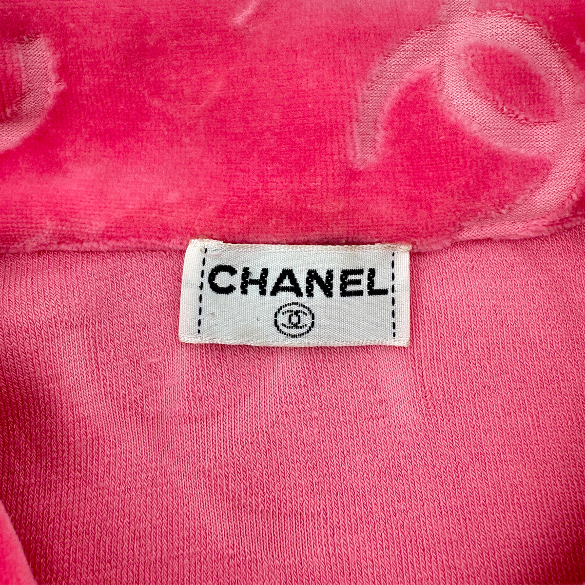 Luxury Promise Japan CHANEL VINTAGE COCOMARK VELOR SHORT SLEEVE TOPS COCO BUTTON PINK COTTON RTW 90295133