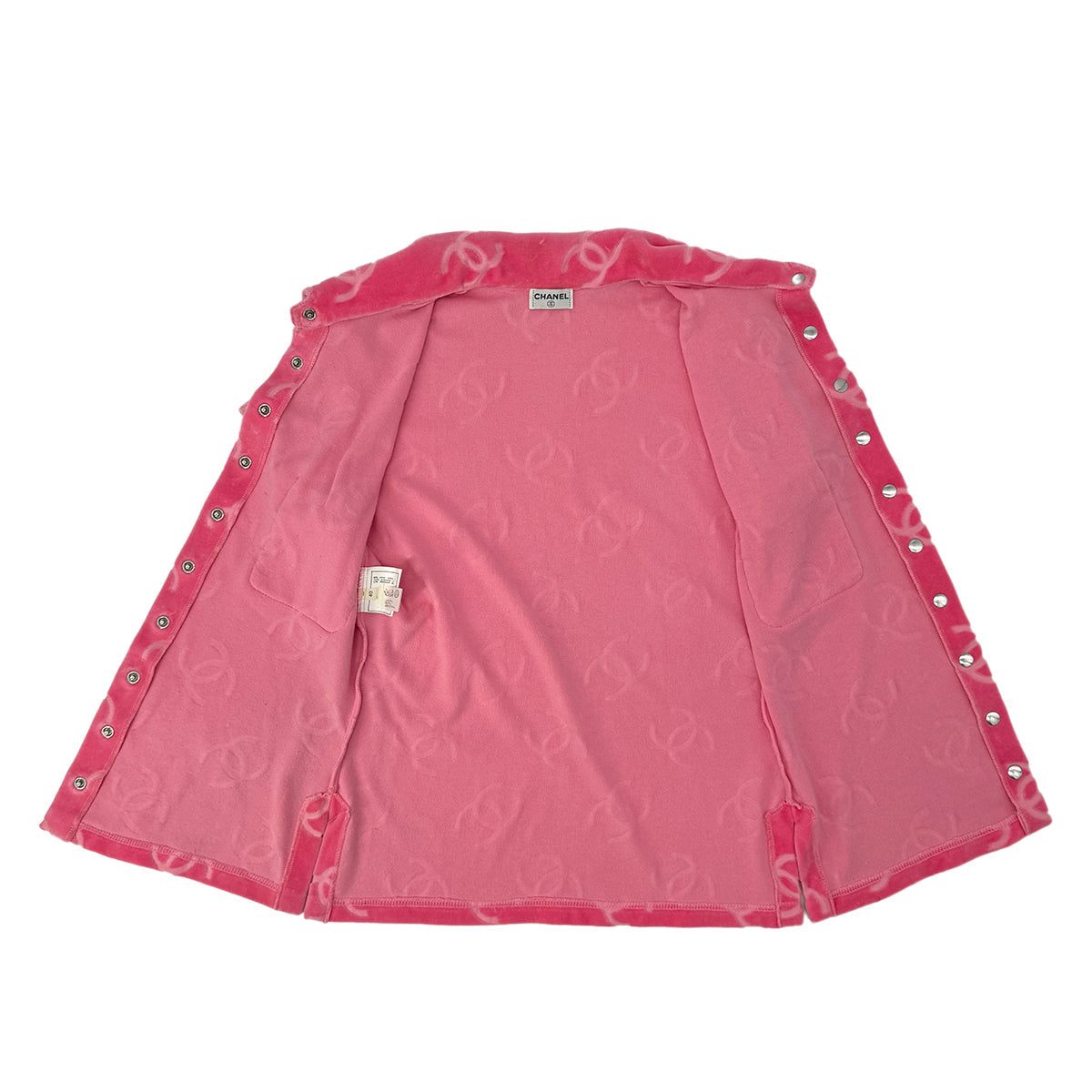 Luxury Promise Japan CHANEL VINTAGE COCOMARK VELOR SHORT SLEEVE TOPS COCO BUTTON PINK COTTON RTW 90295133