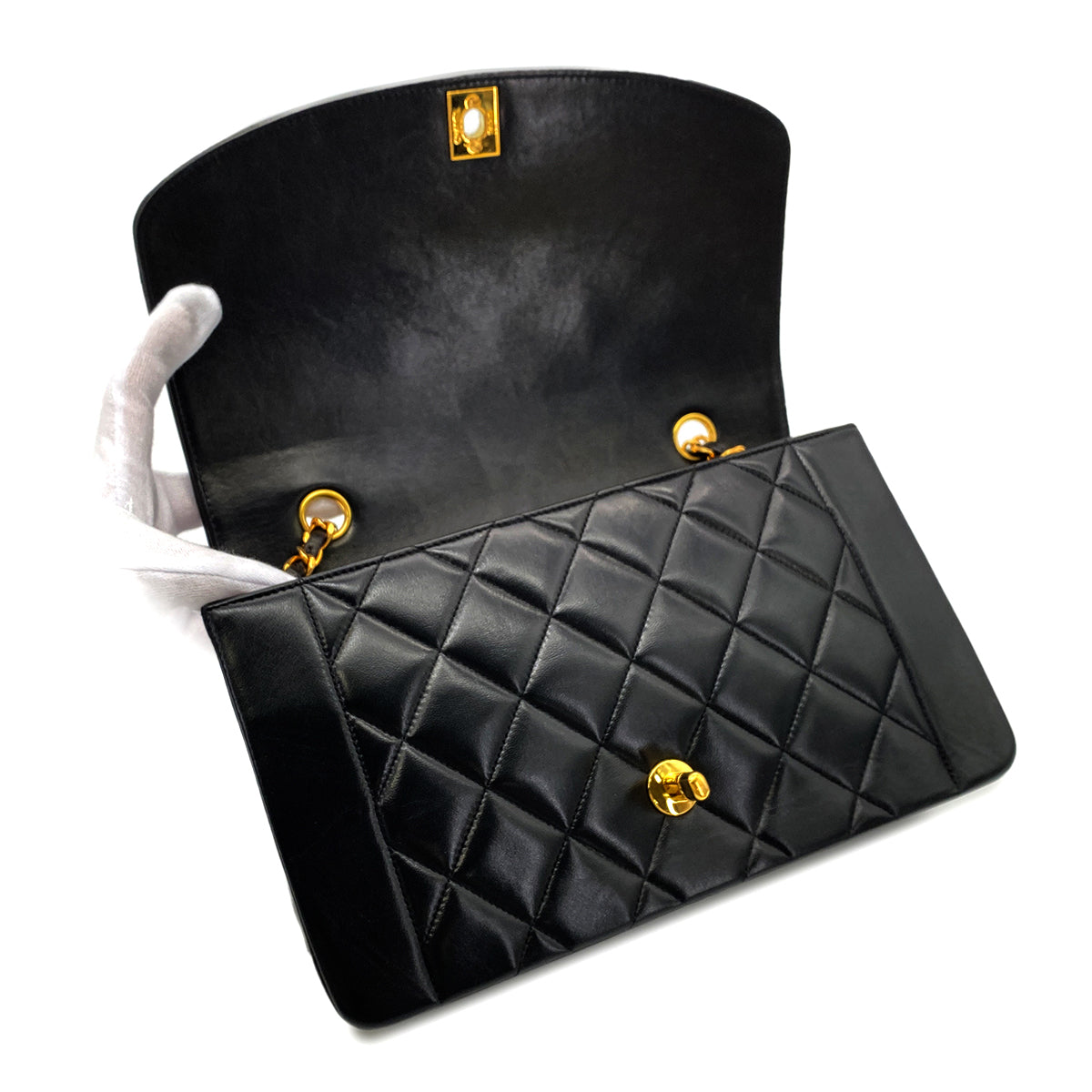 Luxury Promise Japan CHANEL VINTAGE DIANA MEDIUM CHAIN SHOULDER BAG BLACK LAMB SKIN 90268888