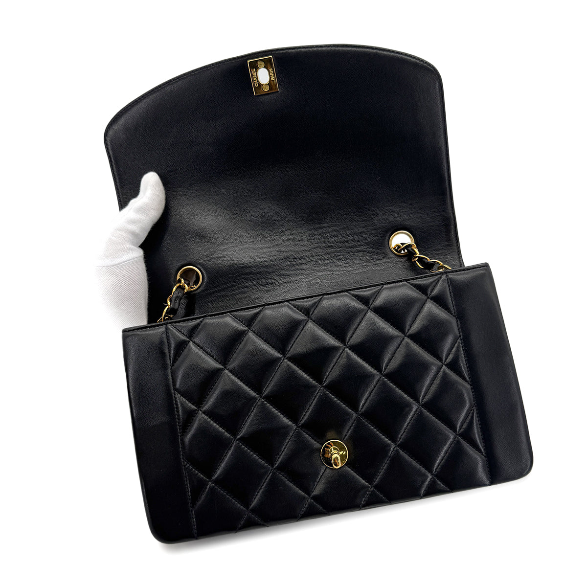 Luxury Promise Japan CHANEL VINTAGE DIANA MEDIUM CHAIN SHOULDER BAG BLACK LAMB SKIN 90279812
