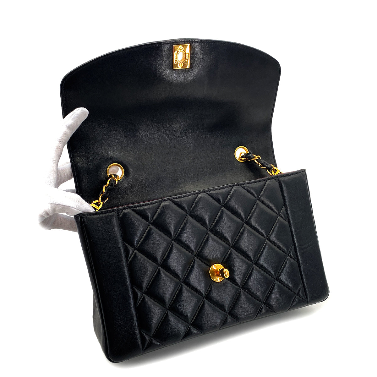 Luxury Promise Japan CHANEL VINTAGE DIANA MEDIUM CHAIN SHOULDER BAG BLACK LAMB SKIN 90287210
