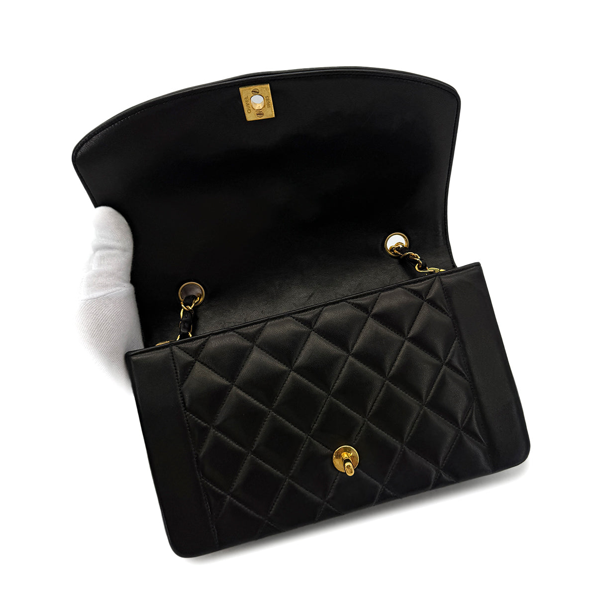 Luxury Promise Japan CHANEL VINTAGE DIANA MEDIUM CHAIN SHOULDER BAG BLACK LAMB SKIN 90292819