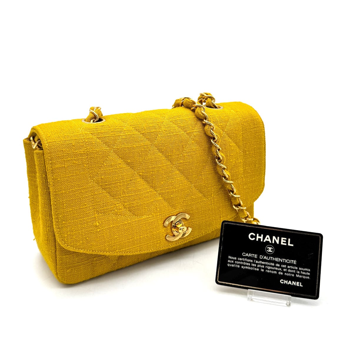 Luxury Promise Japan CHANEL VINTAGE DIANA SMALL CHAIN SHOULDER BAG YELLOW LINEN 90273870