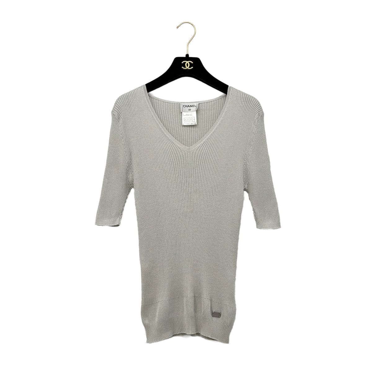 Luxury Promise Japan CHANEL VINTAGE KNIT SHORT SLEEVE TOPS LOGO GRAY SILK 44 99P RTW 90293287