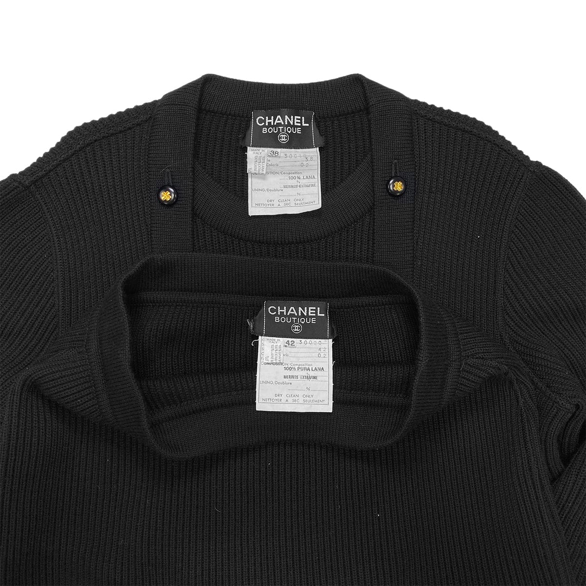 Luxury Promise Japan CHANEL VINTAGE KNIT TOPS SKIRT SET CLOVER BUTTON BLACK WOOL 38 RTW 90283151