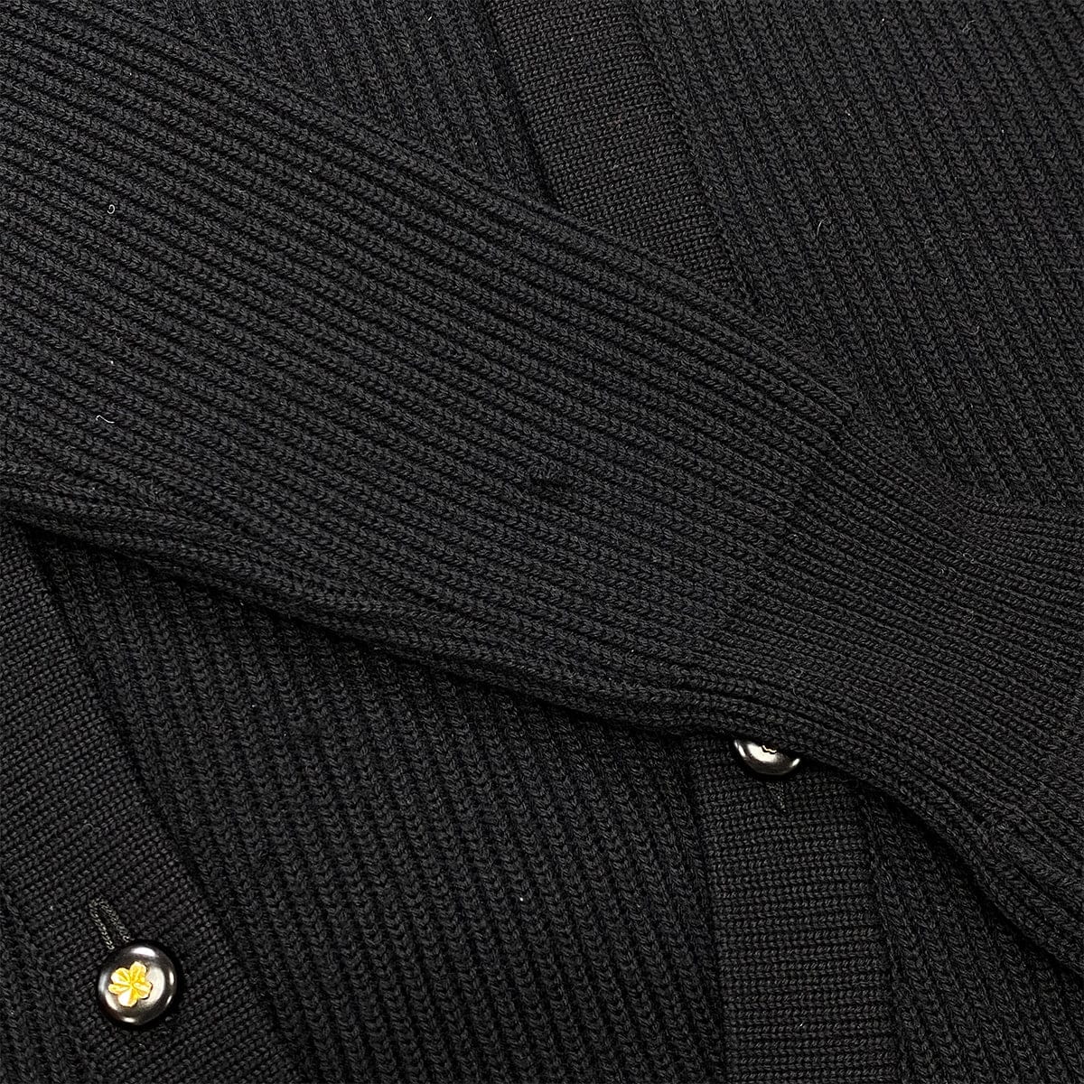 Luxury Promise Japan CHANEL VINTAGE KNIT TOPS SKIRT SET CLOVER BUTTON BLACK WOOL 38 RTW 90283151