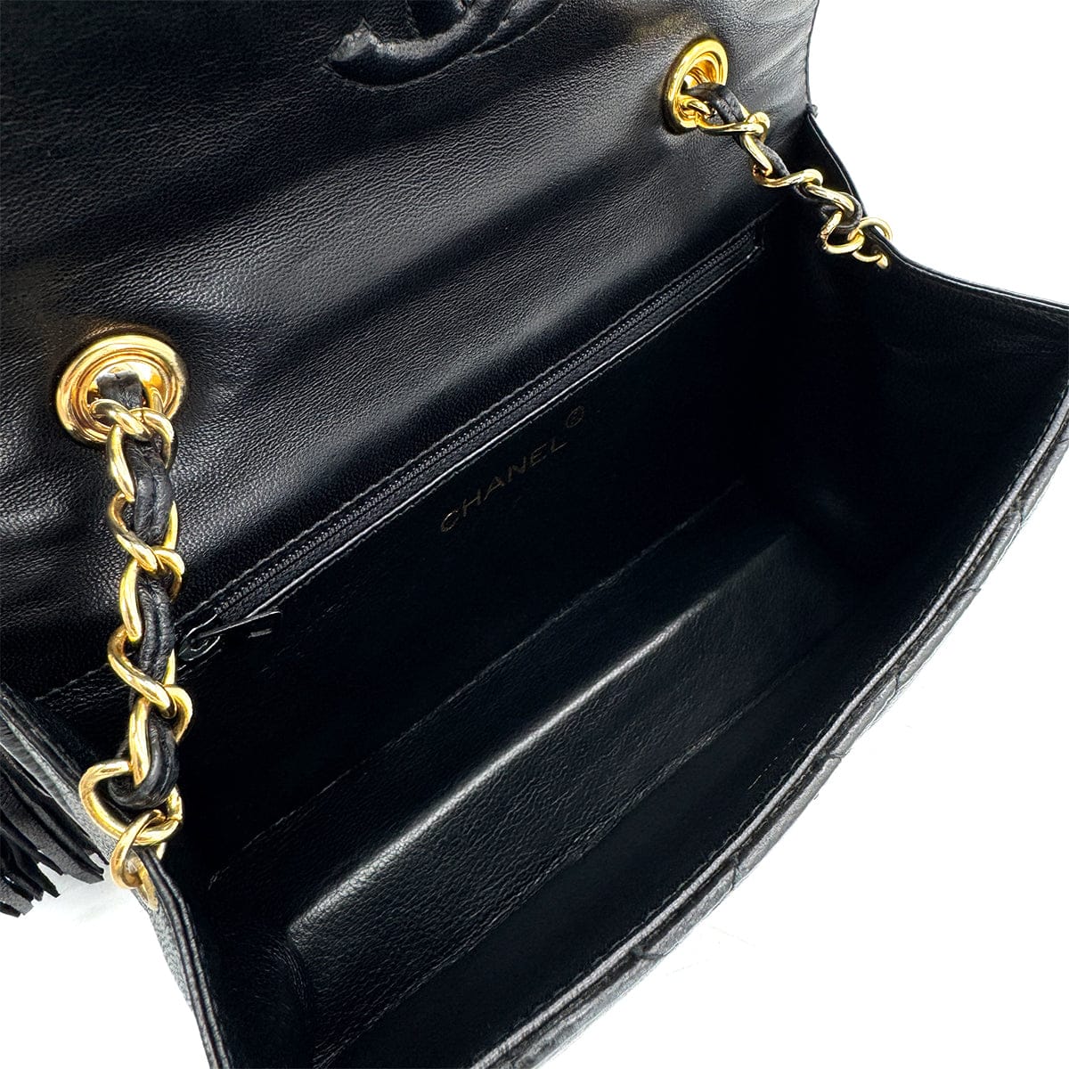 Luxury Promise Japan CHANEL VINTAGE MATELASSE CHAIN SHOULDER BAG FRINGE BLACK LAMB SKIN 90307819