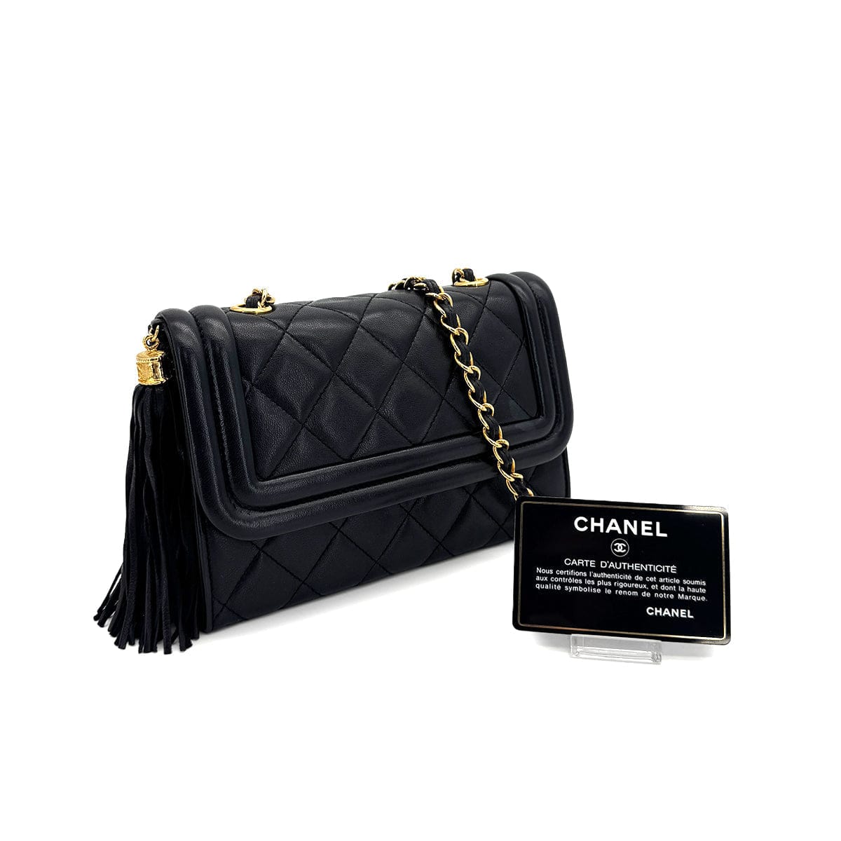 Luxury Promise Japan CHANEL VINTAGE MATELASSE CHAIN SHOULDER BAG FRINGE BLACK LAMB SKIN 90307819