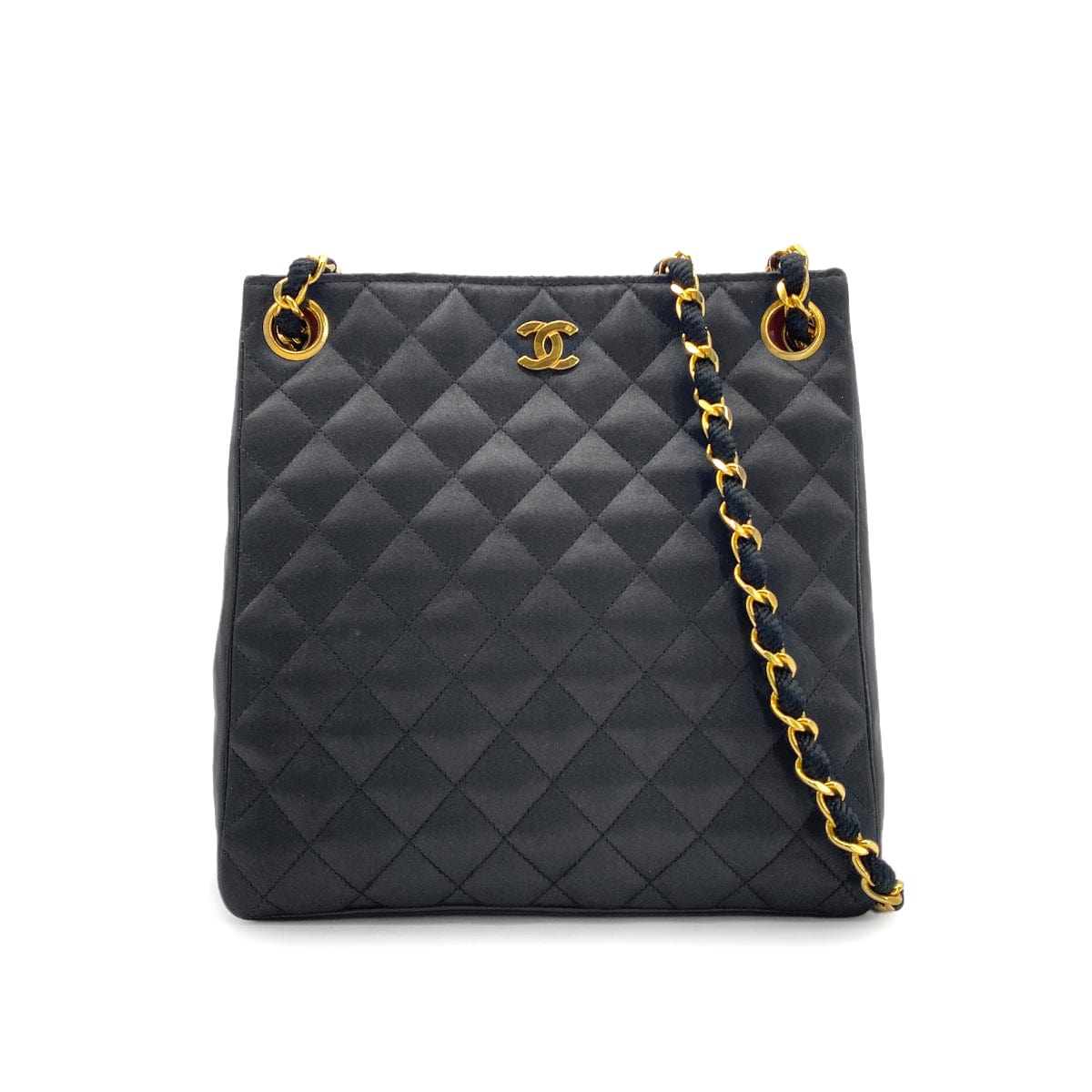 Luxury Promise Japan CHANEL VINTAGE MATELASSE CHAIN TOTE BAG BLACK SATIN LAMB SKIN 90268876