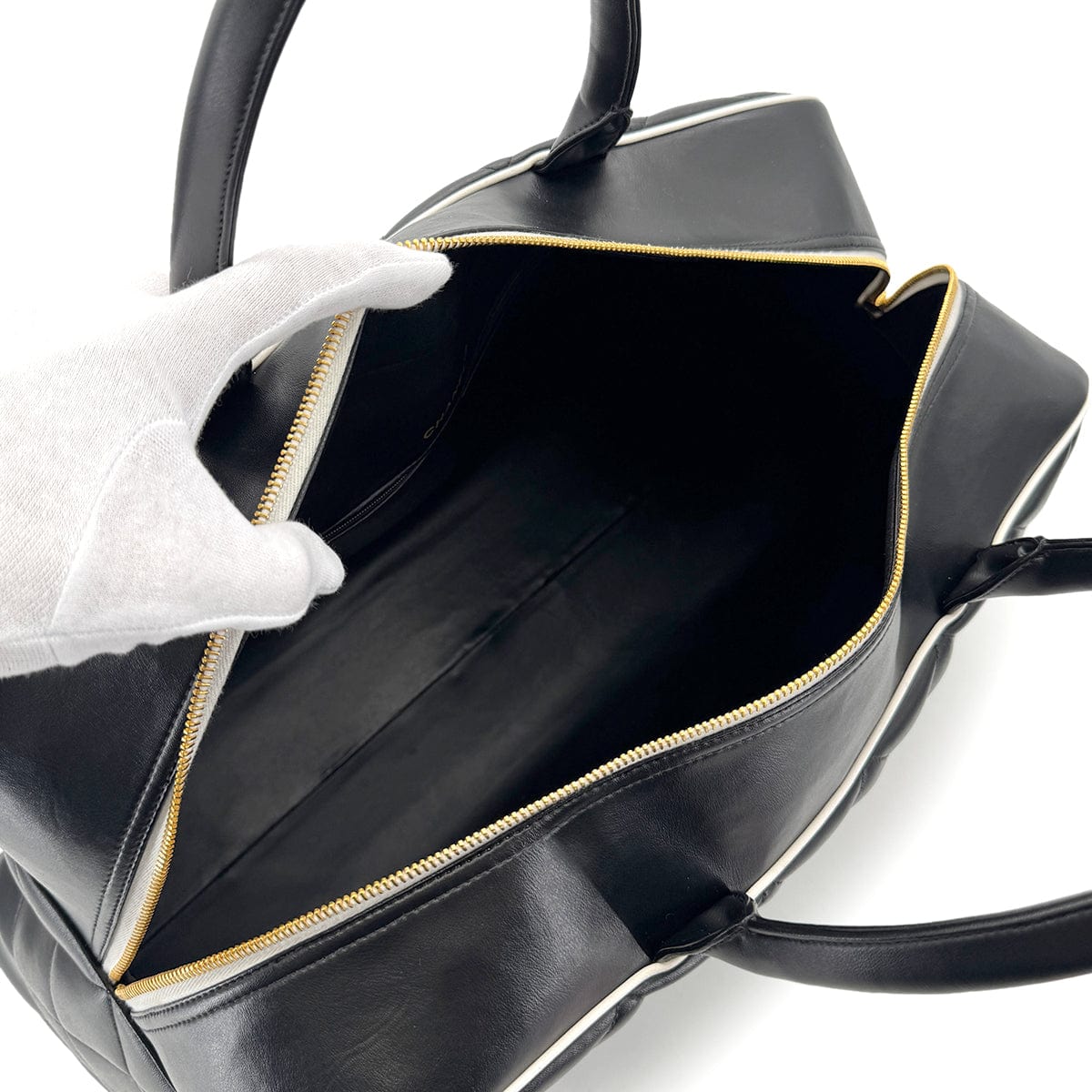 Luxury Promise Japan CHANEL VINTAGE MATELASSE LOGO BOSTON HAND BAG BLACK WHITE LAMB SKIN 90269599