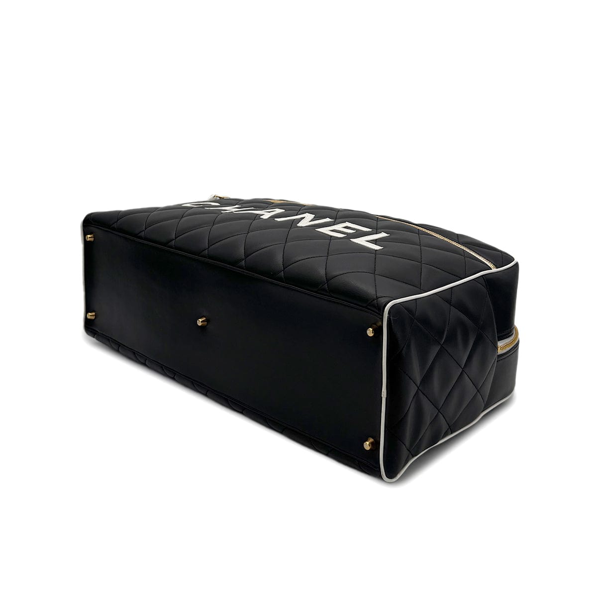 Luxury Promise Japan CHANEL VINTAGE MATELASSE LOGO BOSTON HAND BAG BLACK WHITE LAMB SKIN 90269599