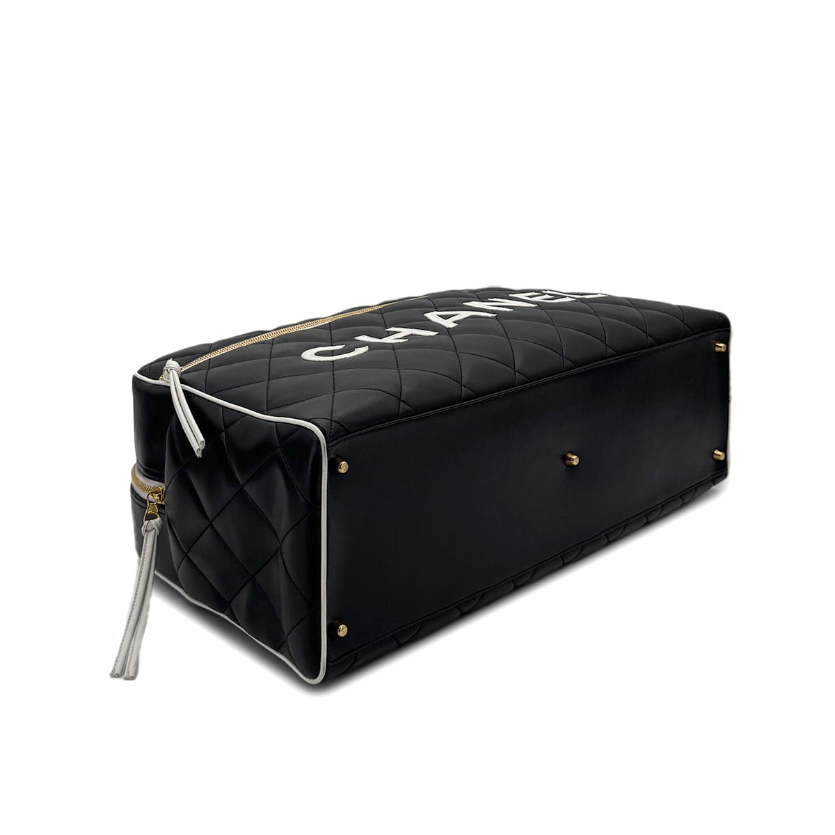 Luxury Promise Japan CHANEL VINTAGE MATELASSE LOGO BOSTON HAND BAG BLACK WHITE LAMB SKIN 90269599