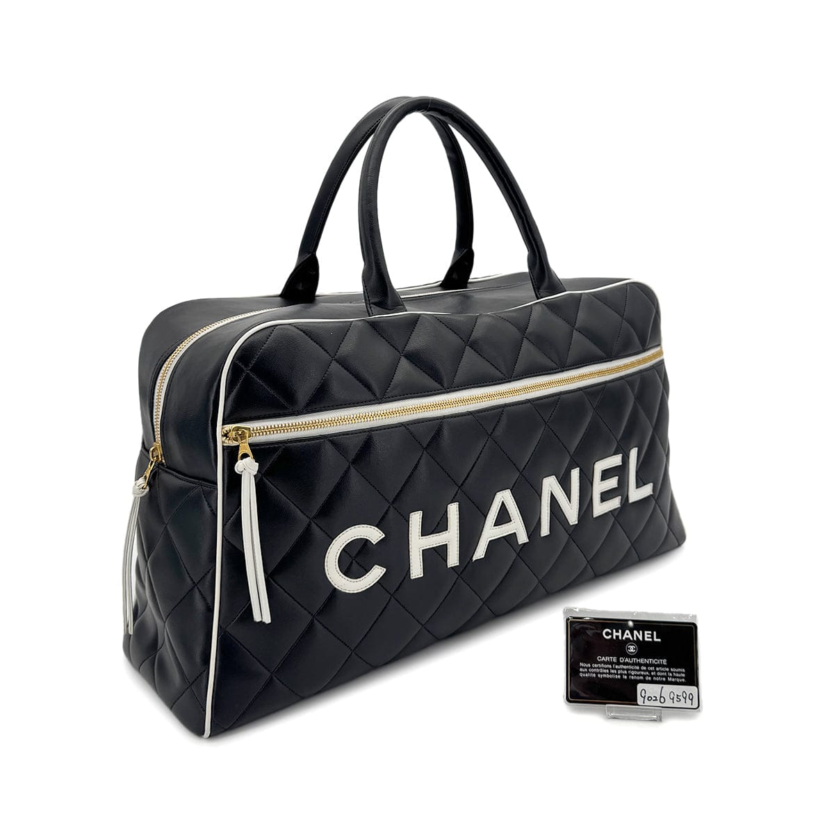 Luxury Promise Japan CHANEL VINTAGE MATELASSE LOGO BOSTON HAND BAG BLACK WHITE LAMB SKIN 90269599