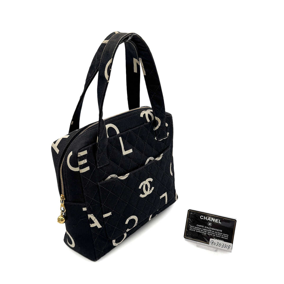 Luxury Promise Japan CHANEL VINTAGE MATELASSE LOGO HAND BAG BLACK WHITE CANVAS 90303315