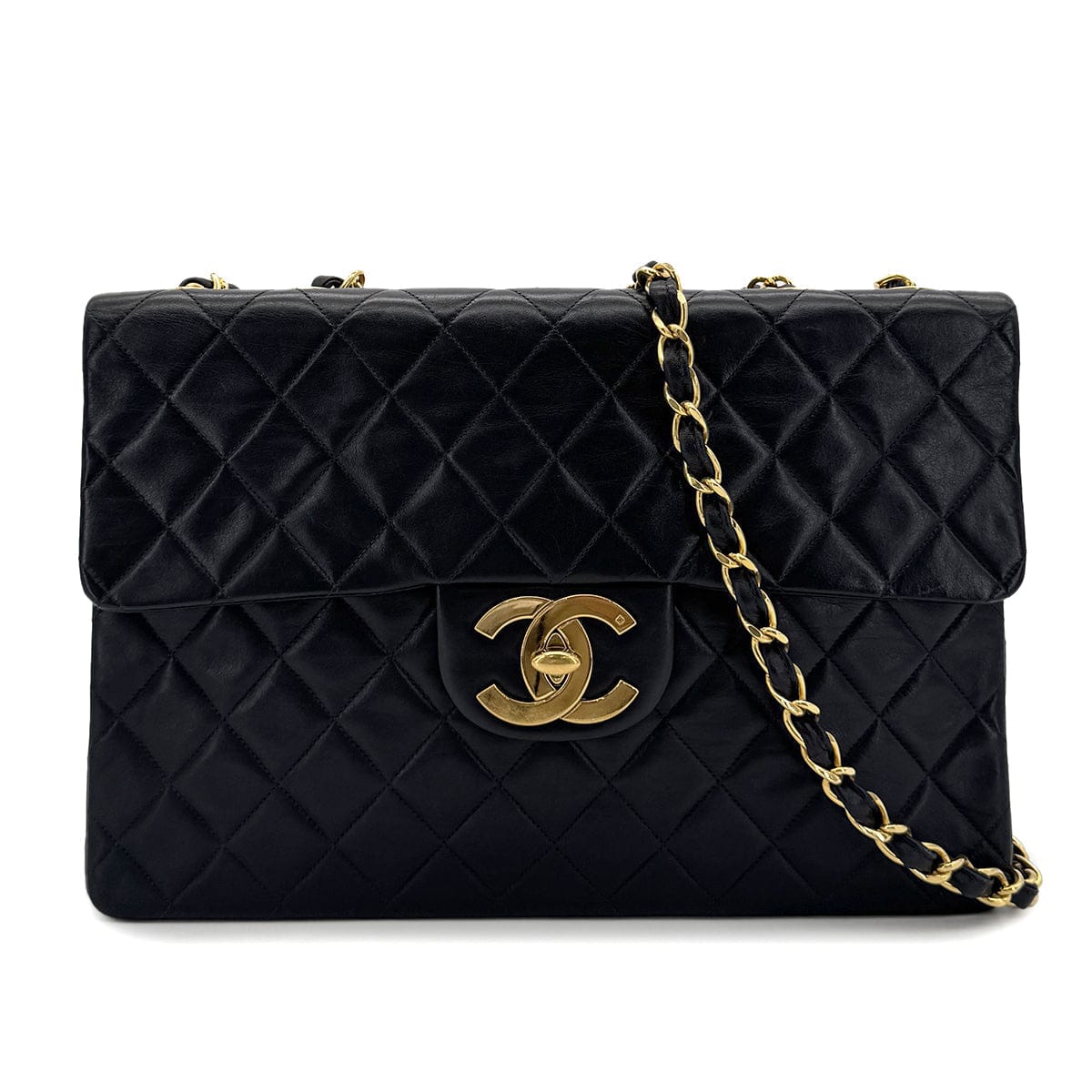 Luxury Promise Japan CHANEL VINTAGE MAXI MATELASSE 34 CHAIN SHOULDER BAG BLACK LAMB SKIN 90298330
