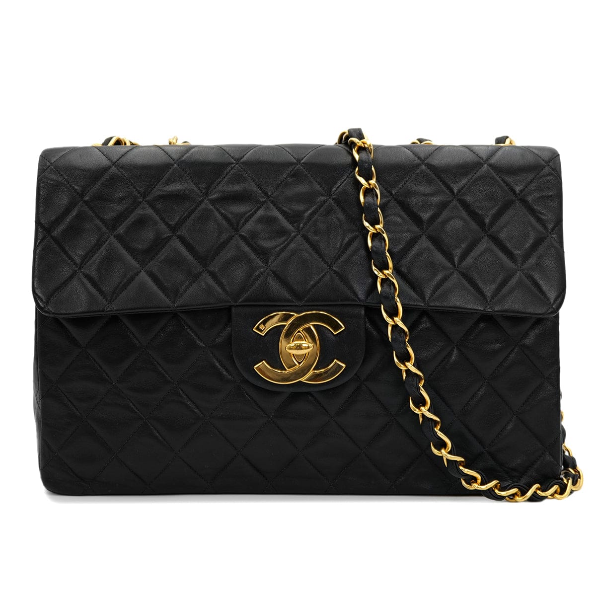 Luxury Promise Japan CHANEL VINTAGE MAXI MATELASSE 34 CHAIN SHOULDER BAG BLACK LAMB SKIN 90301112