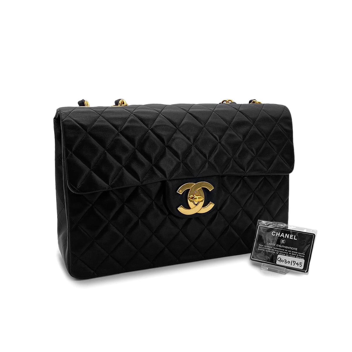 Luxury Promise Japan CHANEL VINTAGE MAXI MATELASSE 34 CHAIN SHOULDER BAG BLACK LAMB SKIN 90301745