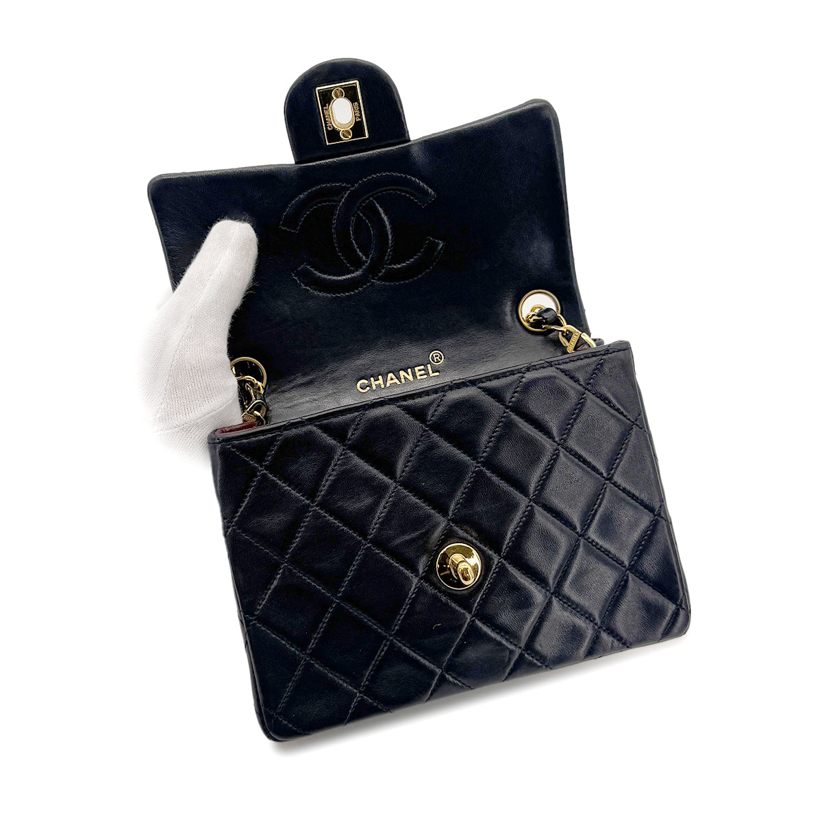Luxury Promise Japan CHANEL VINTAGE MINI SQUARE 17 CHAIN SHOULDER BAG NAVY LAMB SKIN 90275025