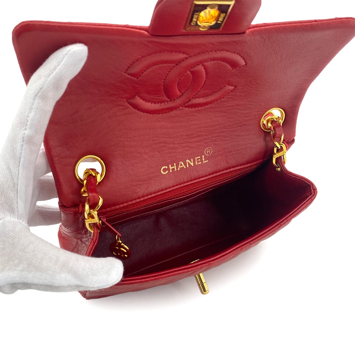 Luxury Promise Japan CHANEL VINTAGE MINI SQUARE 17 CHAIN SHOULDER BAG RED LAMB SKIN 90301726