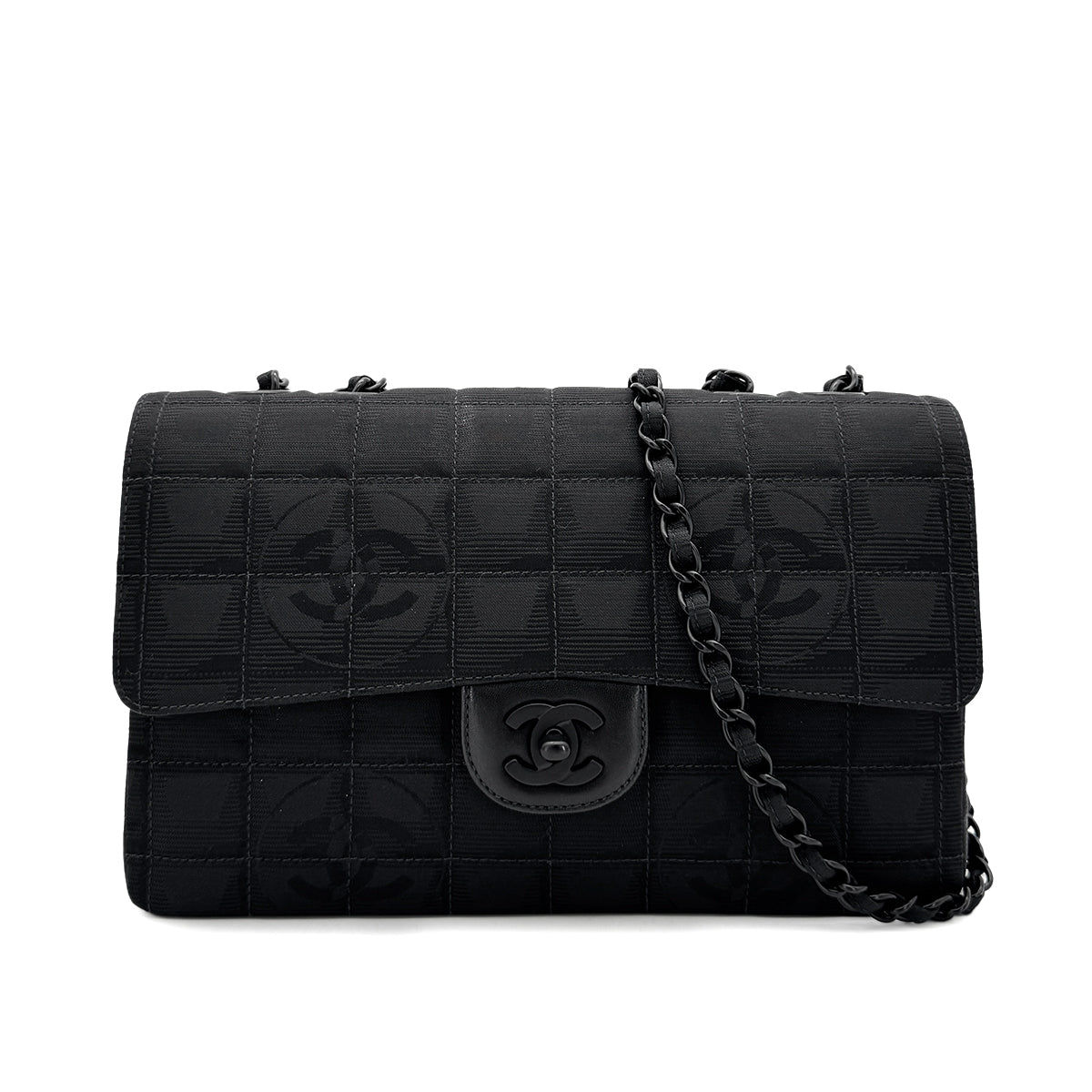 Luxury Promise Japan CHANEL VINTAGE NEW TRAVEL LINE EAST WEST CHOCOLATE BAR CHAIN SHOULDER BAG BLACK NYLON 90284881