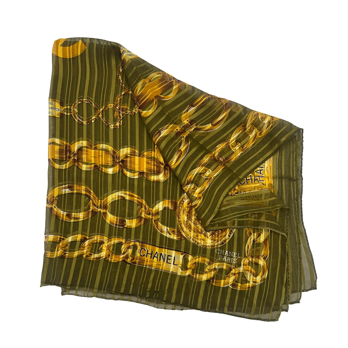 Luxury Promise Japan CHANEL VINTAGE SCARF CHAIN PATTERN GREEN YELLOW SILK 90283082