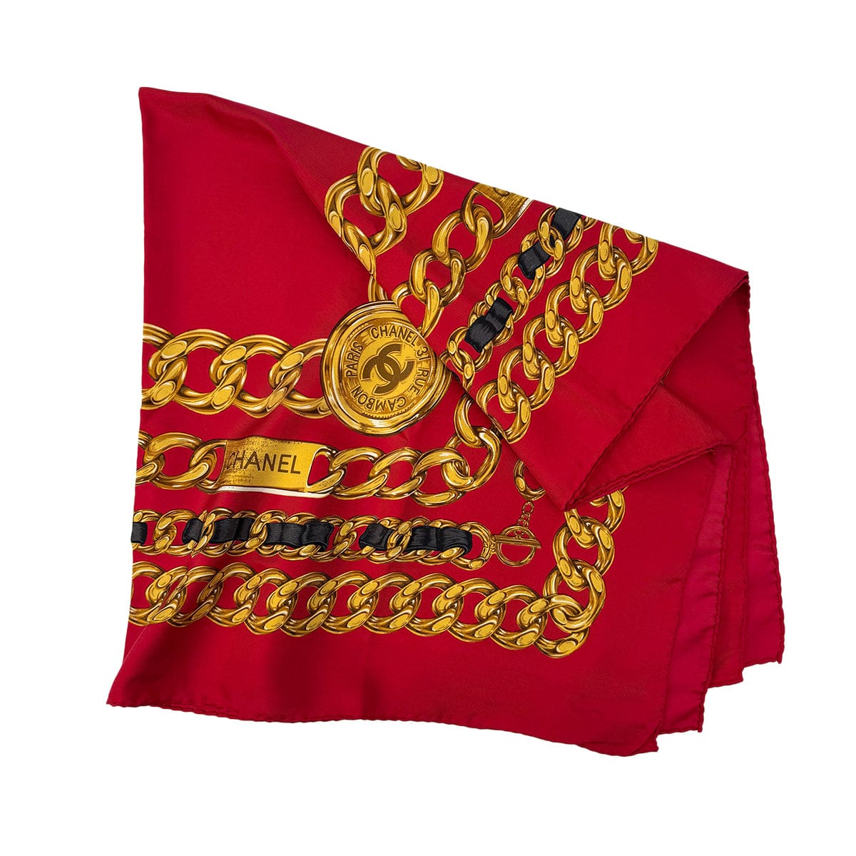 Luxury Promise Japan CHANEL VINTAGE SCARF COCOMARK CHAIN PATERN LIGHT RED YELLOW SILK 90295816