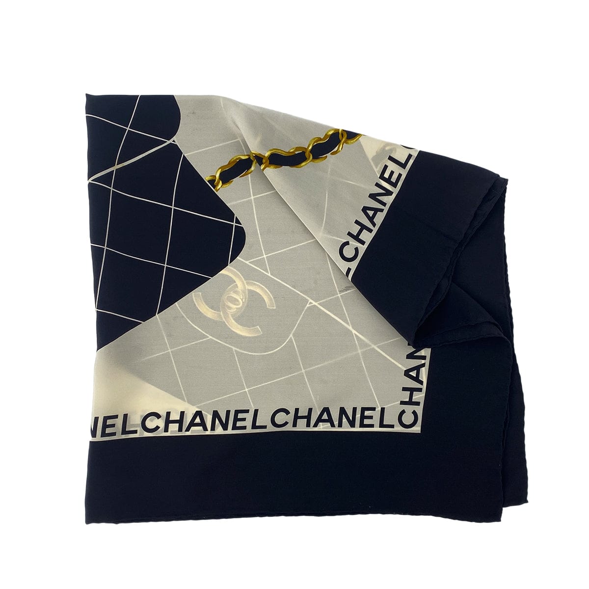 Luxury Promise Japan CHANEL VINTAGE SCARF MATELASSE BLACK WHITE SILK 90306878