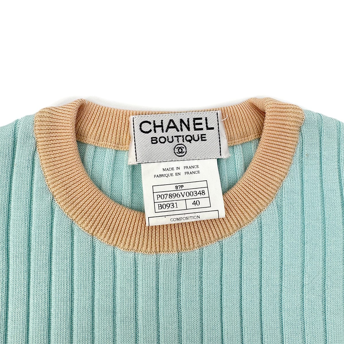 Luxury Promise Japan CHANEL VINTAGE SHORT SLEEVE KNIT TOPS LIGHT BLUE COTTON 40 97P RTW 90294170