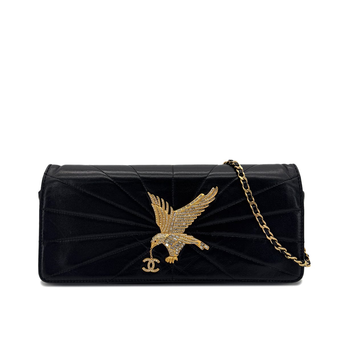Luxury Promise Japan CHANEL VINTAGE STRASS IMPERIAL EAGLE CLUTCH CHAIN SHOULDER BAG COCOMARK RHINESTONE GOLD BLACK LAMB SKIN 90286870