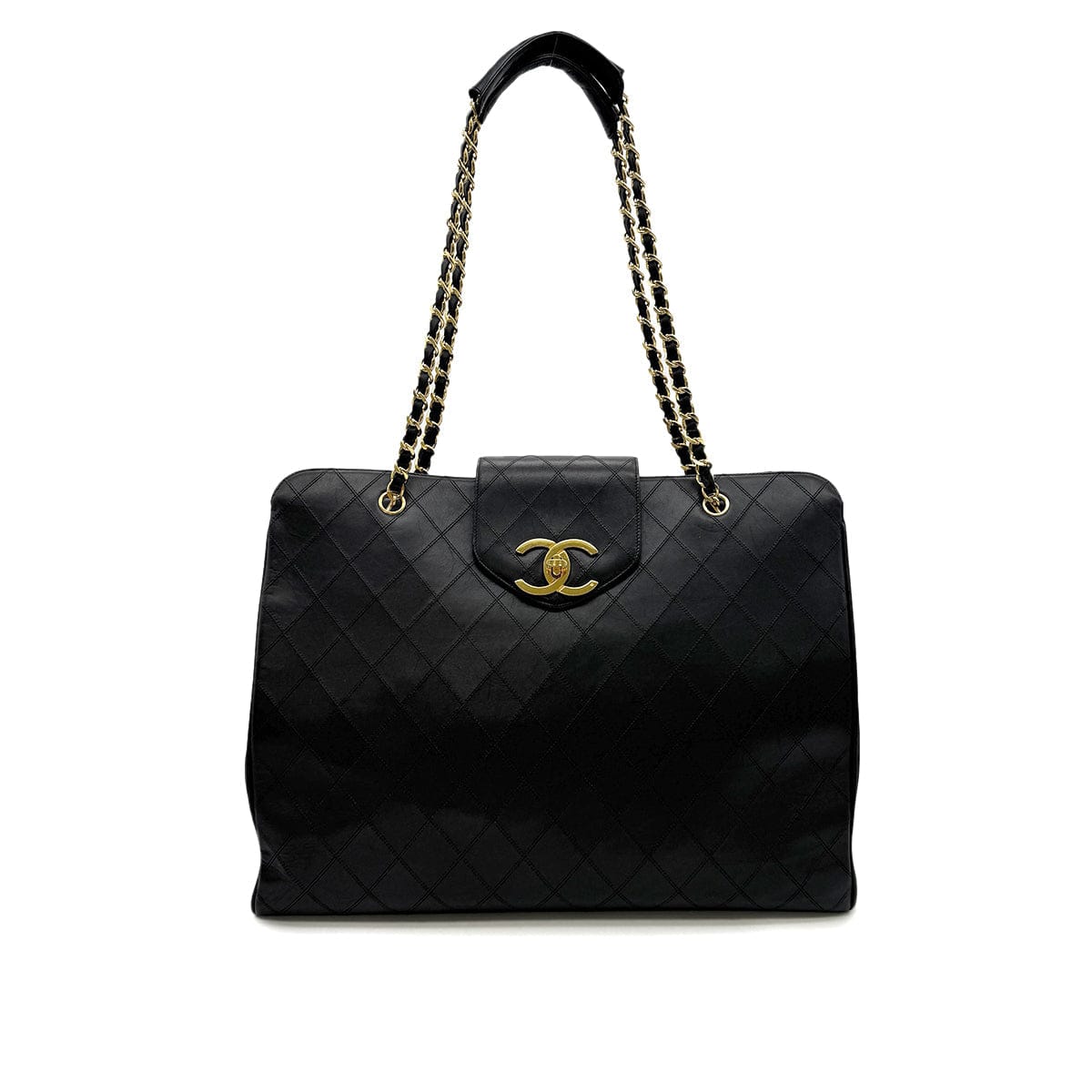 Luxury Promise Japan CHANEL VINTAGE SUPER MODEL BICOLORE CHAIN TOTE BAG BLACK LEATHER 90301100