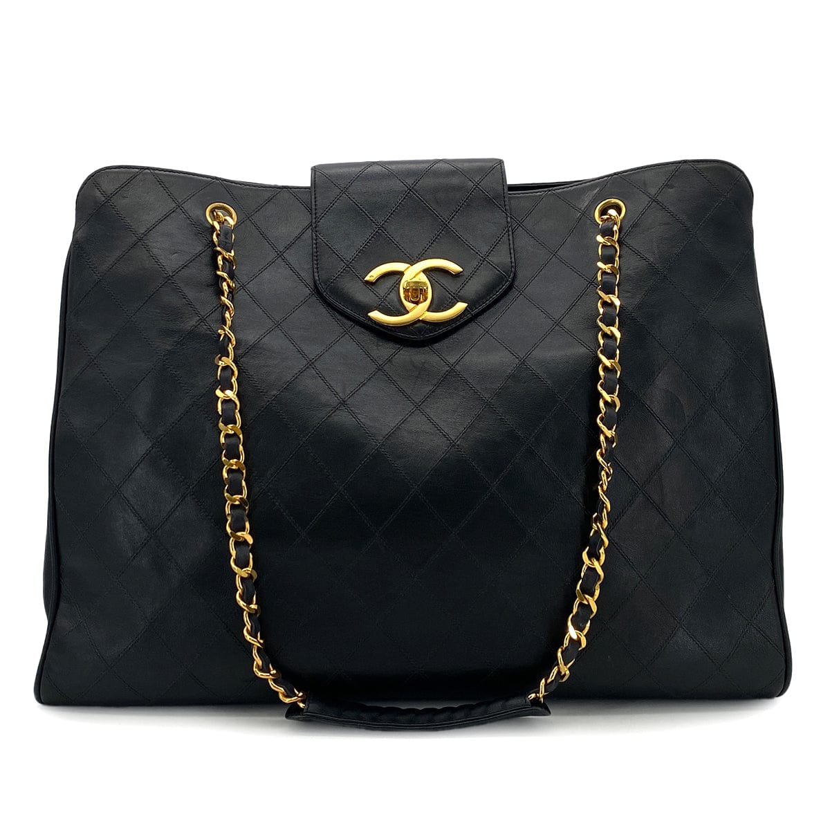 Luxury Promise Japan CHANEL VINTAGE SUPER MODEL BICOLORE CHAIN TOTE BAG BLACK LEATHER 90301740