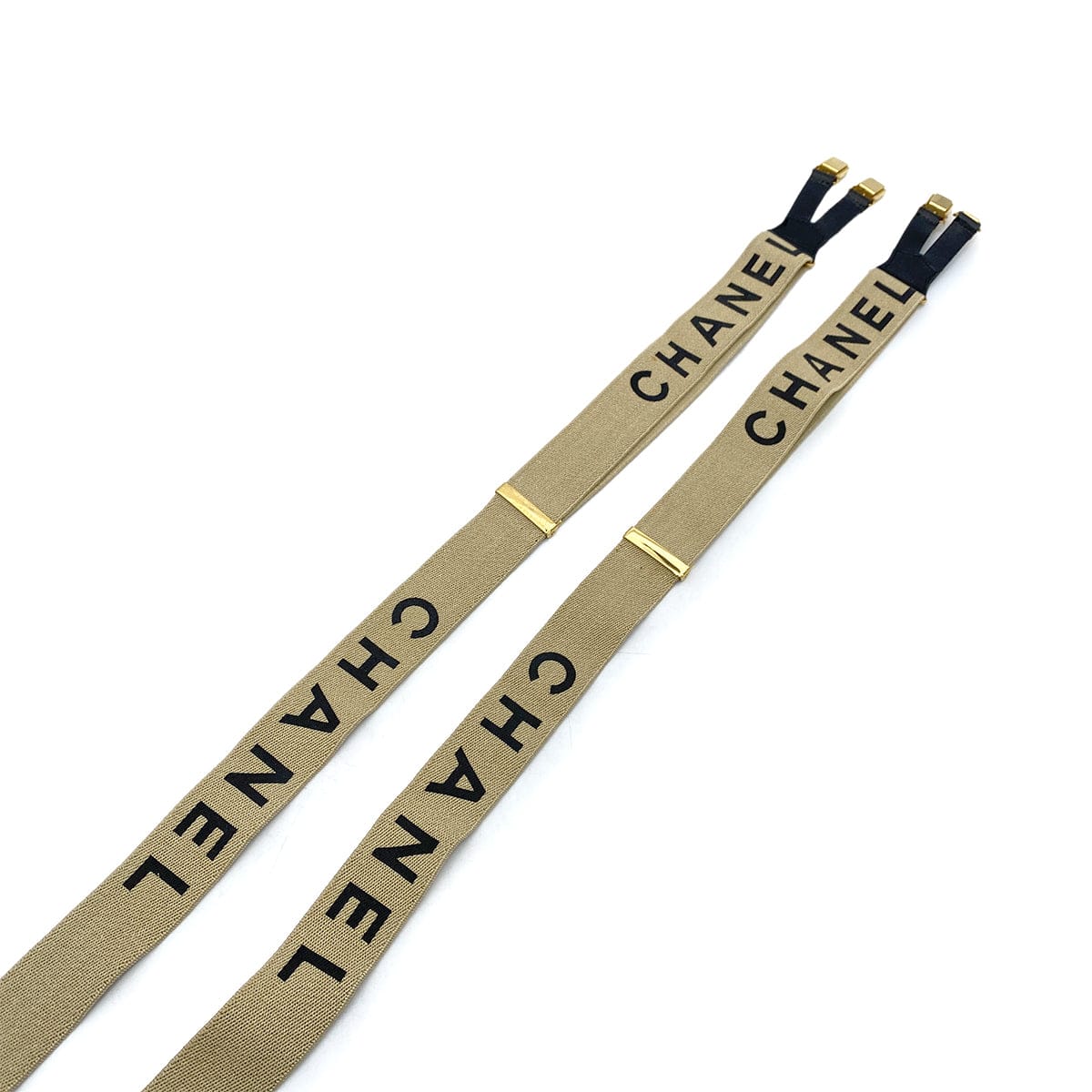 Luxury Promise Japan CHANEL VINTAGE SUSPENDER LOGO BEIGE BLACK CANVAS LEATHER 90256935