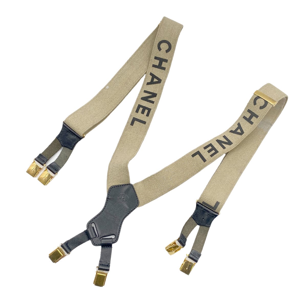 Luxury Promise Japan CHANEL VINTAGE SUSPENDER LOGO BEIGE BLACK CANVAS LEATHER 90269694