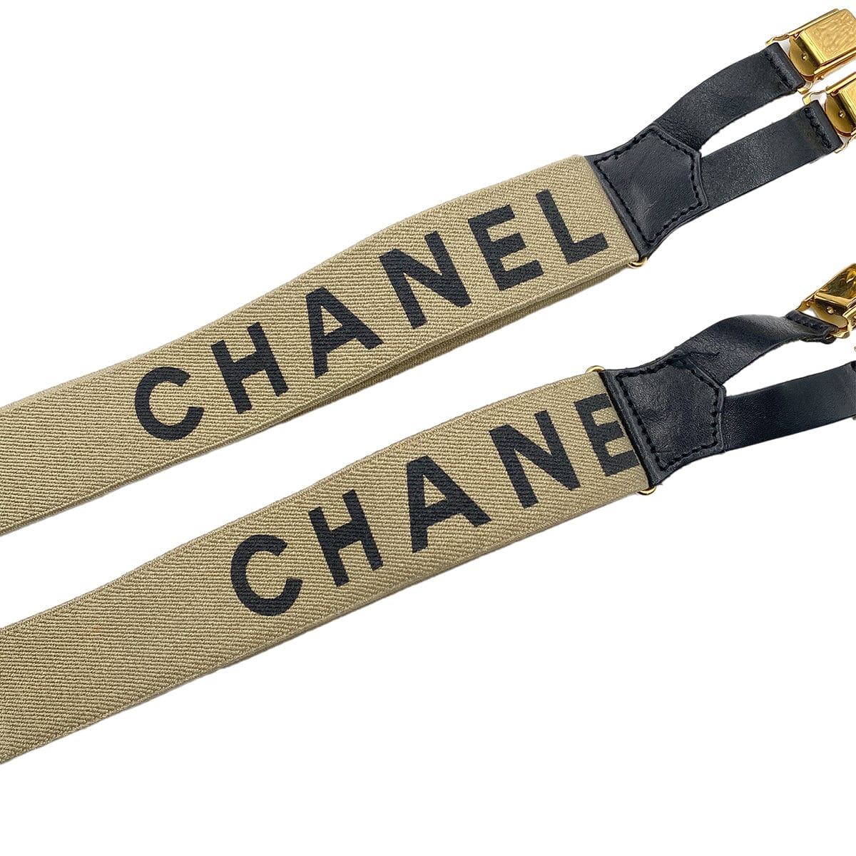 Luxury Promise Japan CHANEL VINTAGE SUSPENDER LOGO BEIGE BLACK CANVAS LEATHER 90269694