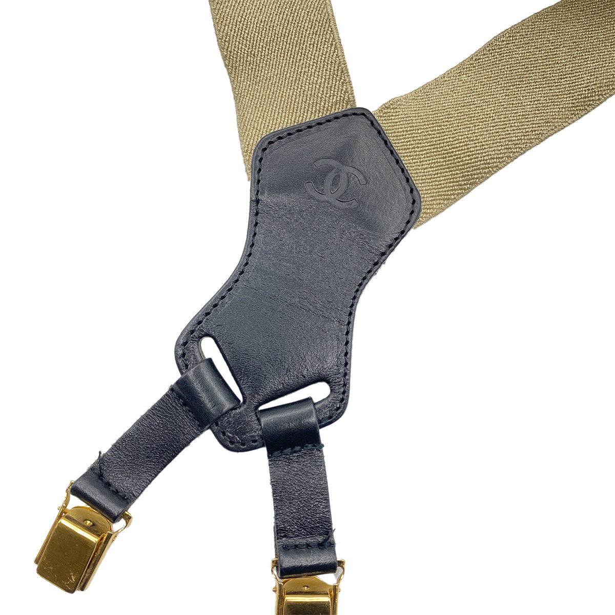 Luxury Promise Japan CHANEL VINTAGE SUSPENDER LOGO BEIGE BLACK CANVAS LEATHER 90269694