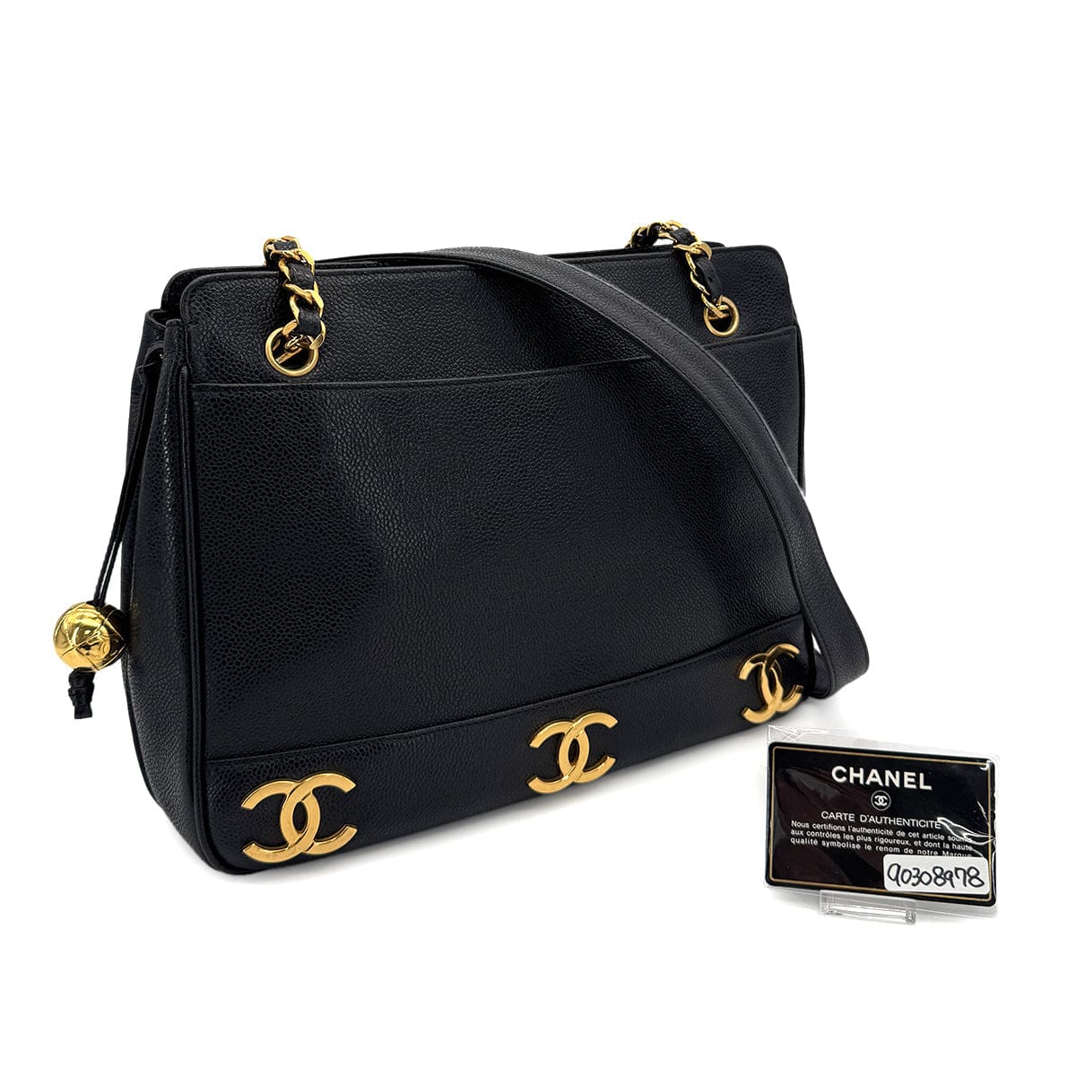 Luxury Promise Japan CHANEL VINTAGE TRIPLE COCO CHAIN TOTE BAG BLACK CAVIAR SKIN 90308978