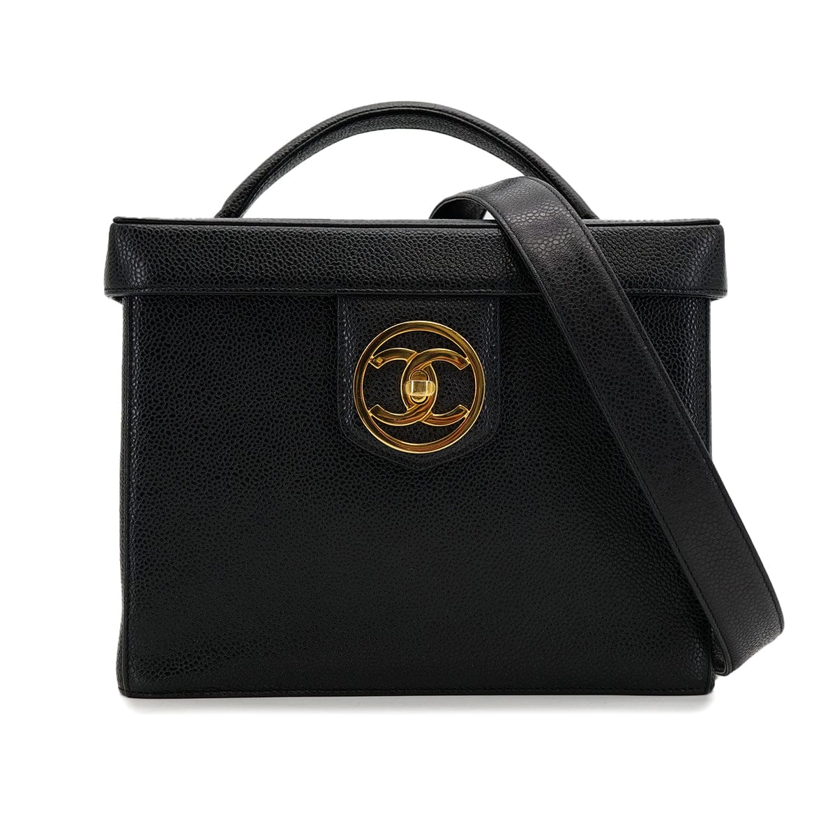 Luxury Promise Japan CHANEL VINTAGE TURN LOCK 2WAY VANITY HAND SHOULDER BAG BLACK CAVIAR SKIN 90308246