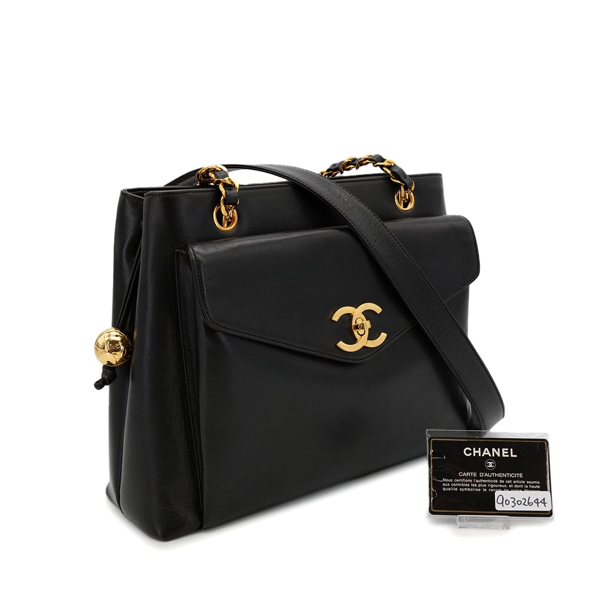 Luxury Promise Japan CHANEL VINTAGE TURN LOCK COCO BALL CHAIN TOTE BAG BLACK LEATHER 90302644