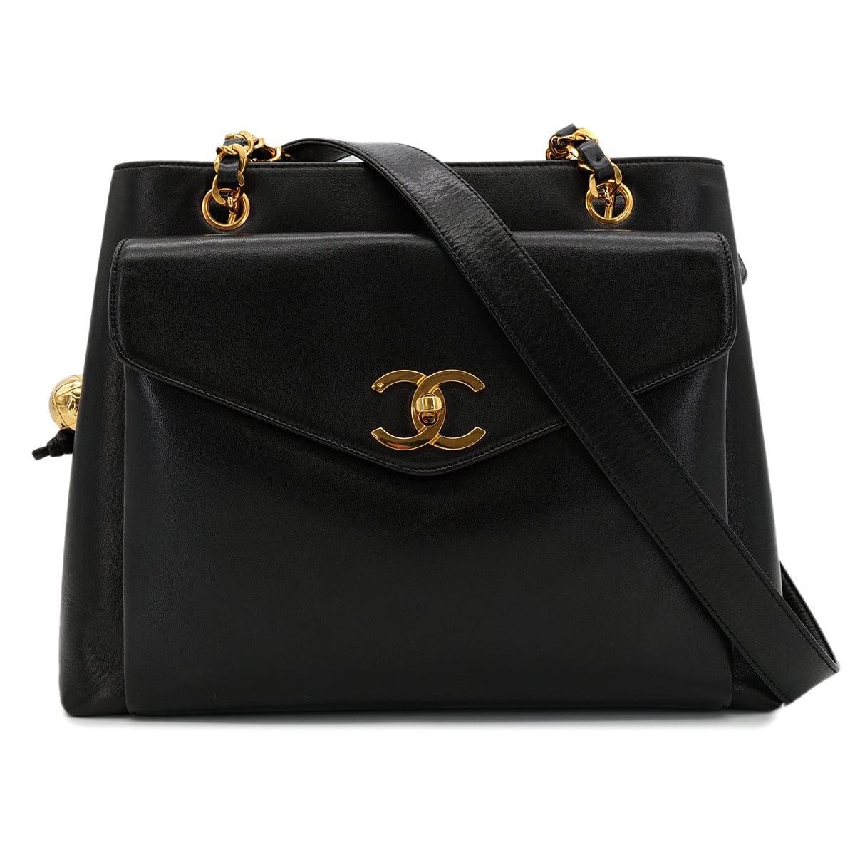Luxury Promise Japan CHANEL VINTAGE TURN LOCK COCO BALL CHAIN TOTE BAG BLACK LEATHER 90302644