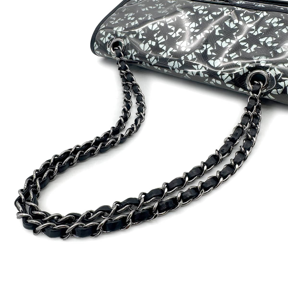 Luxury Promise Japan CHANEL VINTAGE TURN LOCK STAR LEACE CHAIN TOTE BAG CLEAR BLACK VINYL 90291463