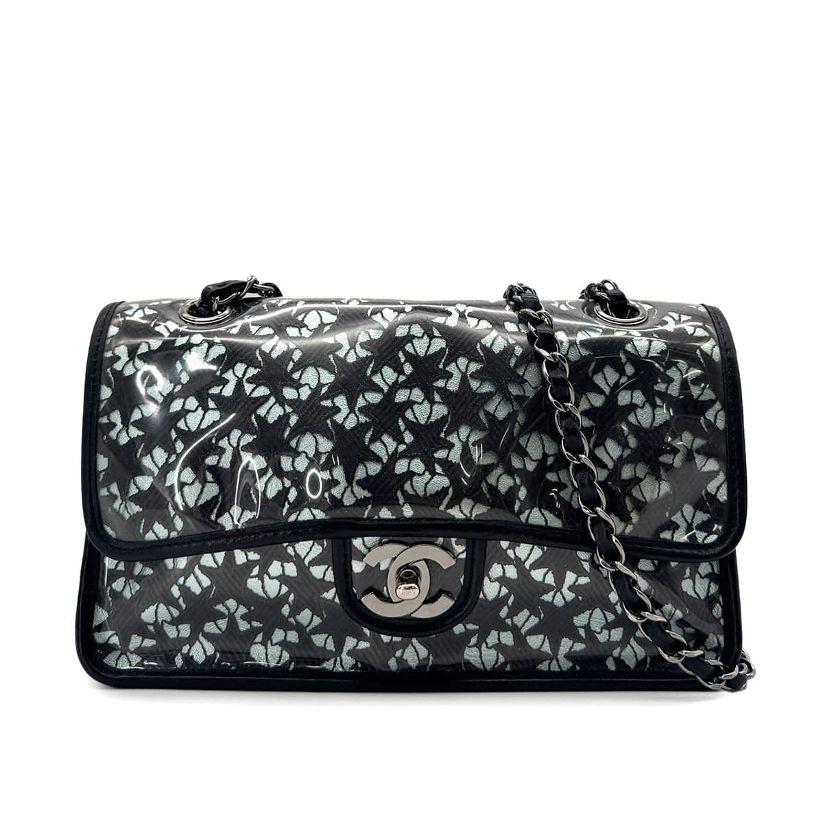 Luxury Promise Japan CHANEL VINTAGE TURN LOCK STAR LEACE CHAIN TOTE BAG CLEAR BLACK VINYL 90291463