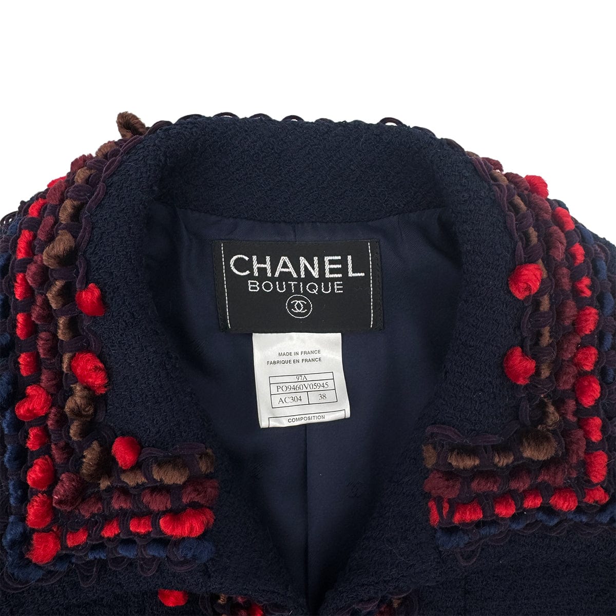 Luxury Promise Japan CHANEL VINTAGE TWEED JACKET NAVY RED WOOL 38 97A RTW 90284427