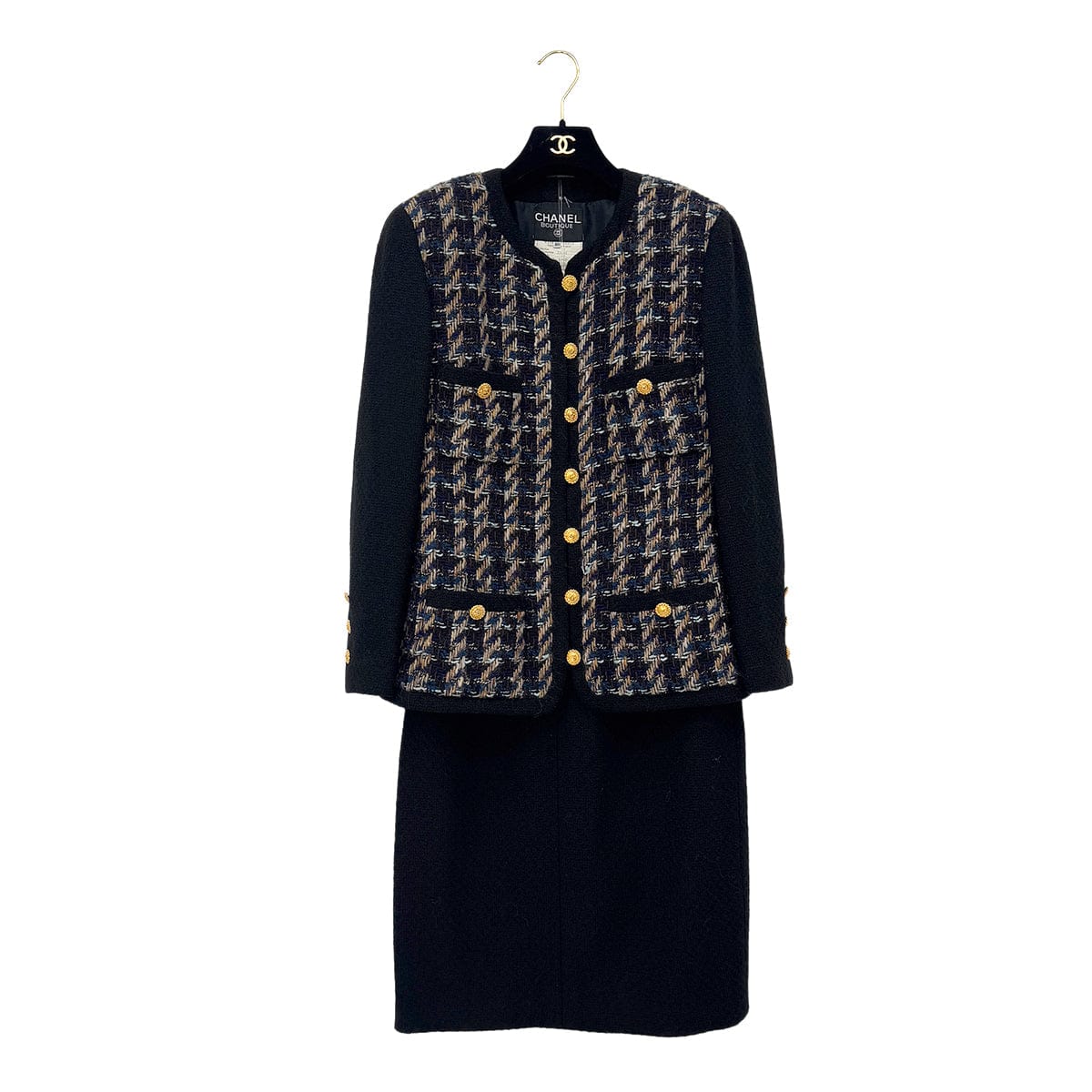 Luxury Promise Japan CHANEL VINTAGE TWEED JACKET SKIRT SET WOOL COCO BUTTON BLACK 40 RTW 90288033