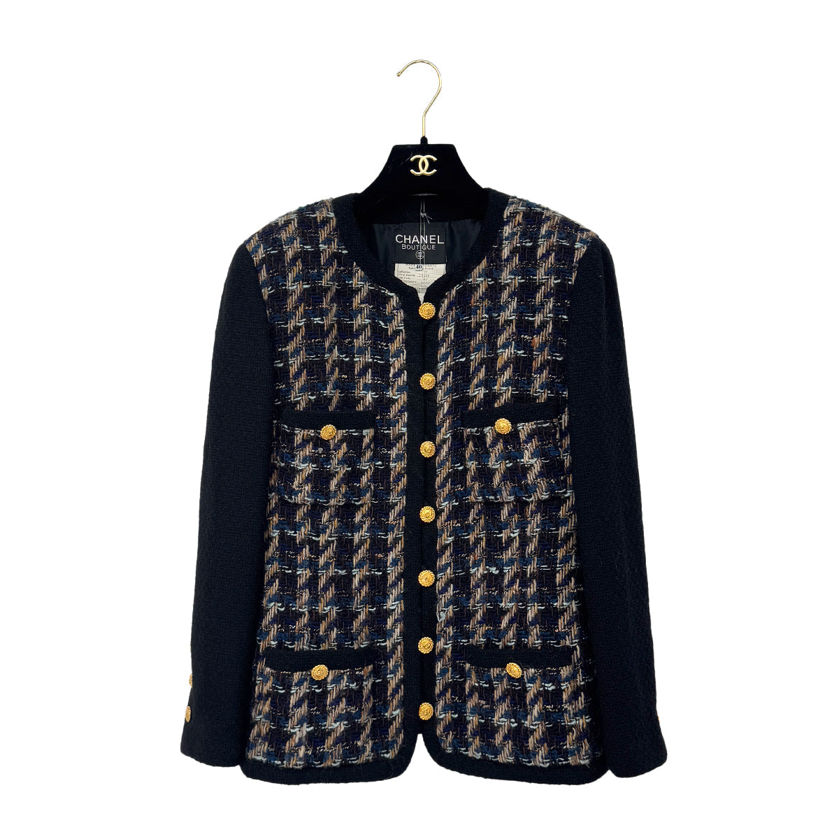 Luxury Promise Japan CHANEL VINTAGE TWEED JACKET SKIRT SET WOOL COCO BUTTON BLACK 40 RTW 90288033