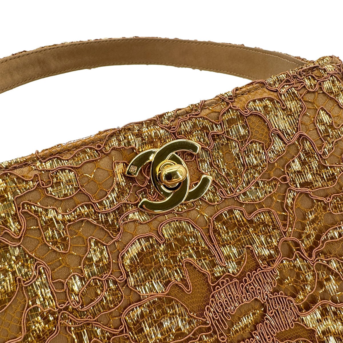 Luxury Promise Japan CHANEL VINTAGE W TURN LOCK HAND BAG BROWN GOLD SATIN 90292993