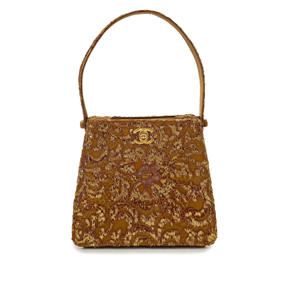 Luxury Promise Japan CHANEL VINTAGE W TURN LOCK HAND BAG BROWN GOLD SATIN 90292993