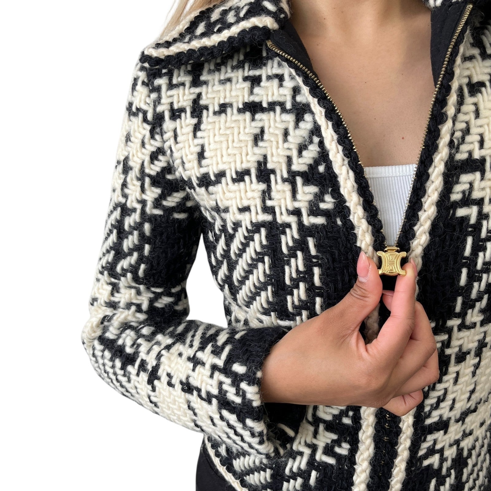 Luxury Promise Japan CELINE Vintage Macadam Logo Tweed Jacket Zip Black White Gold Wool Collar